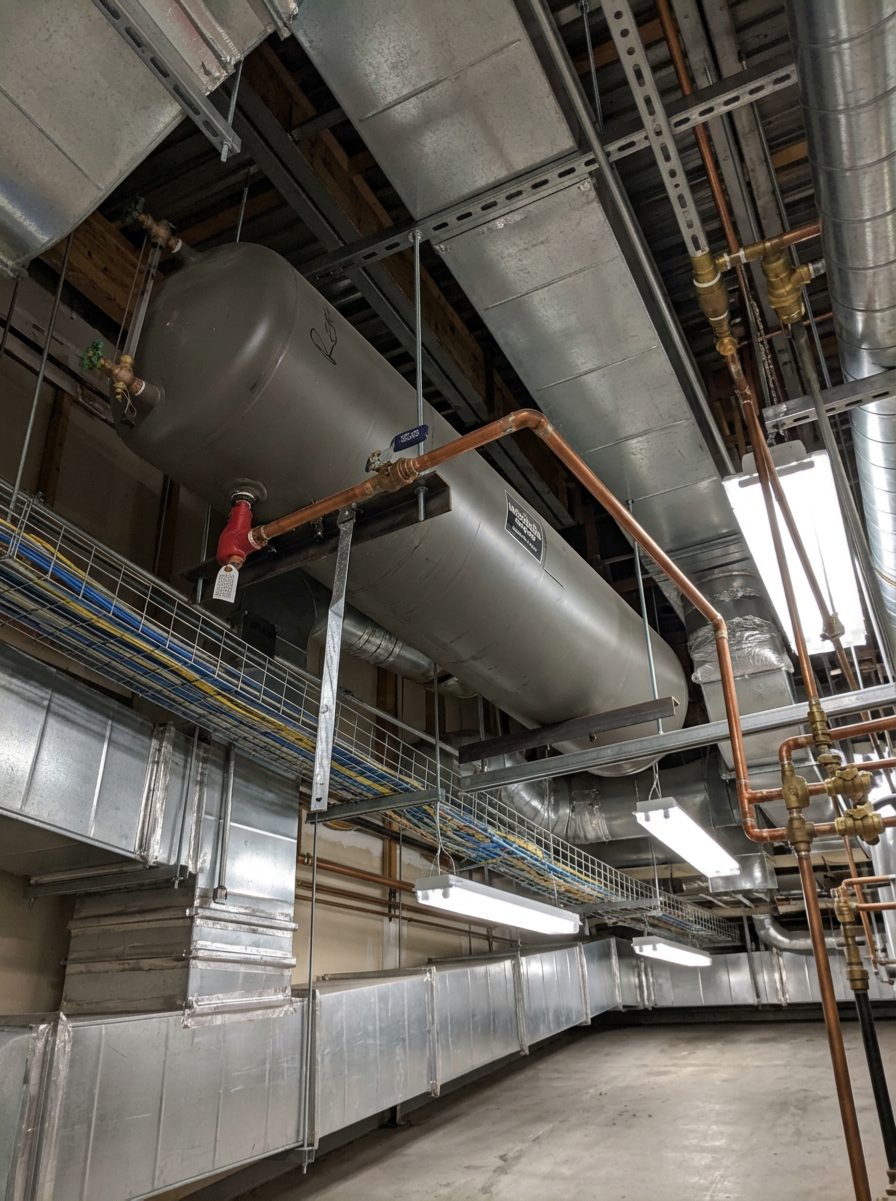 Expansion tanks hung from a mechanical room ceiling with copper piping and a relief valve