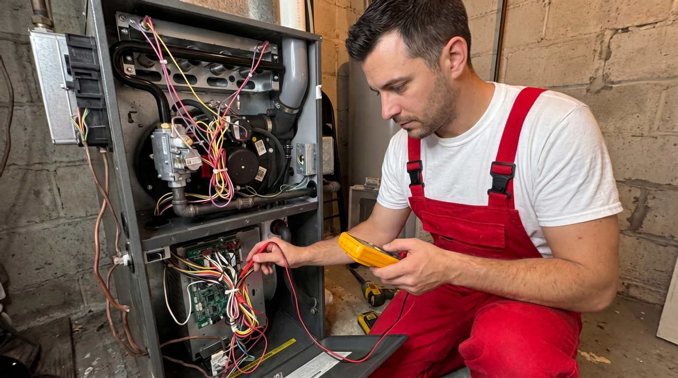 Jersey City Plumbing Heating & Cooling technician testing furnace controls with a multimeter