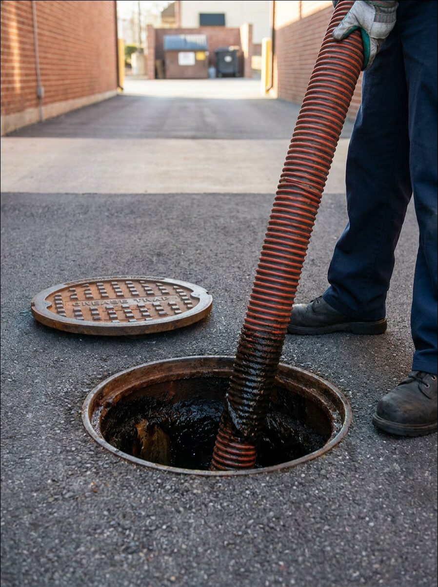Technician clearing a sewer cleanout at street level with a vacuum hose