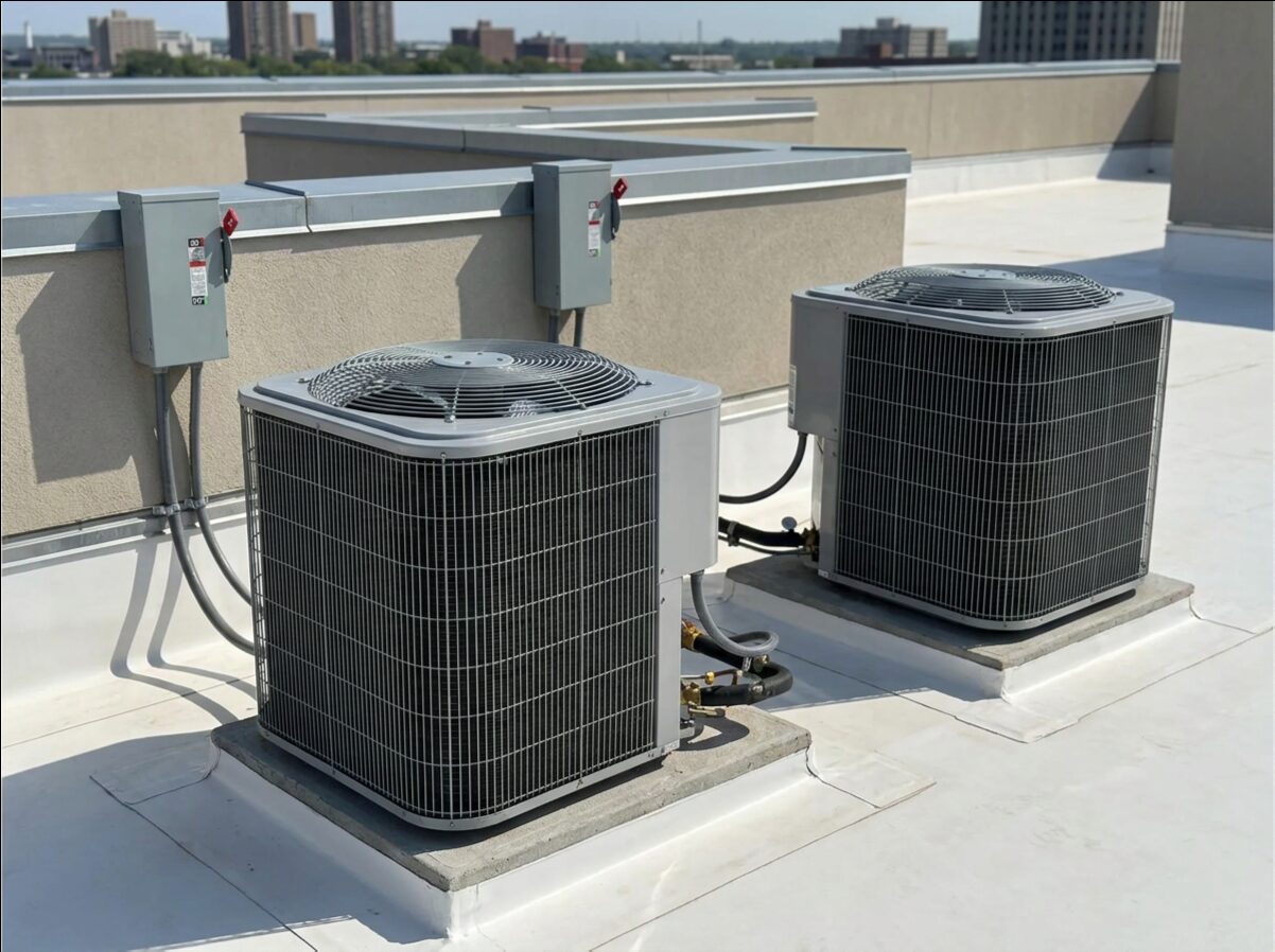 Manifold gauges connected to an air conditioner during a tune-up