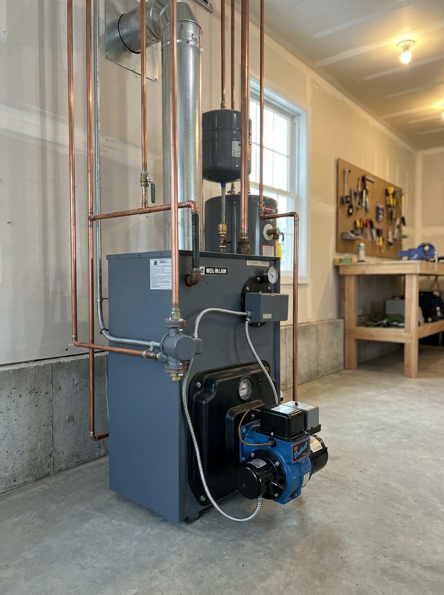 Oil burner mounted on a steel boiler in a residential basement